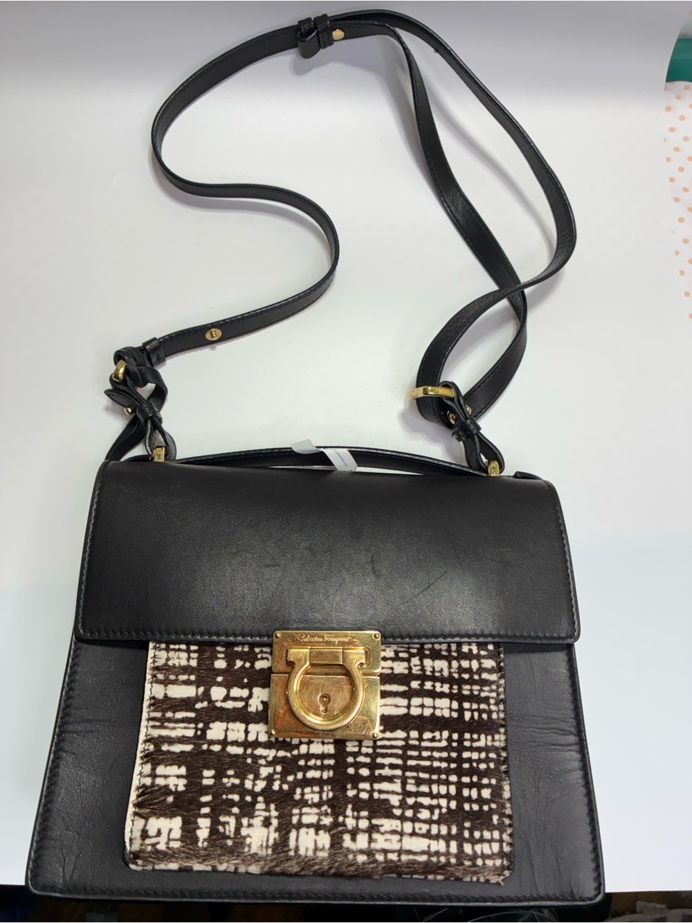 Salvatore Ferragamo Black Leather Crossbody with Patterned Front Panel